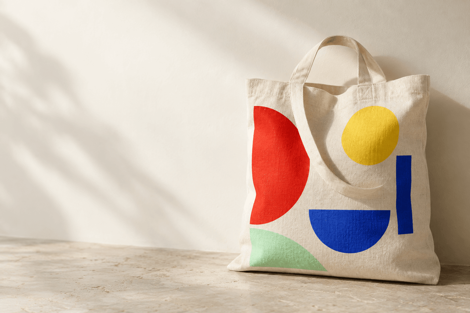 Illustrative concept of a canvas tote bag with an abstract red, yellow, blue, and mint design.