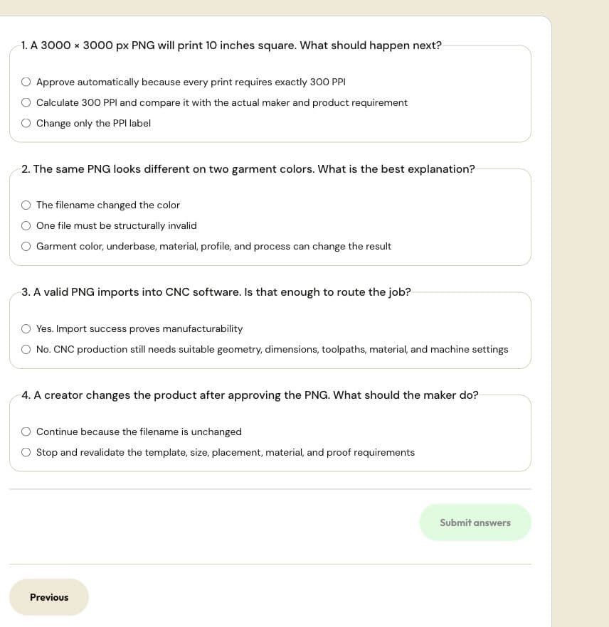 Actual PNG scenario quiz with four unanswered questions, radio-button choices, and Submit answers.