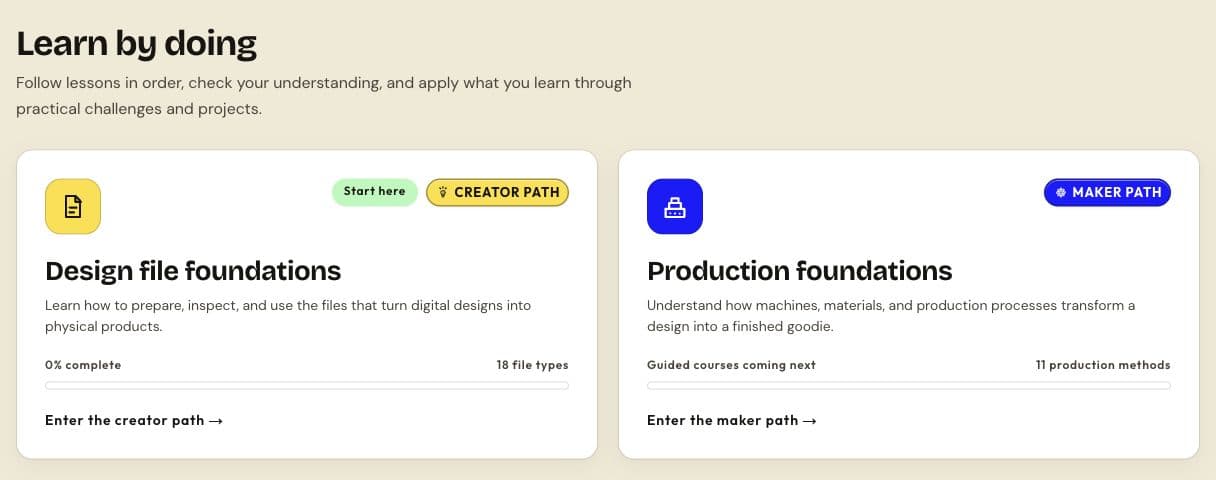 Goodiee Learn course cards for Design file foundations and Production foundations, with progress and availability labels.