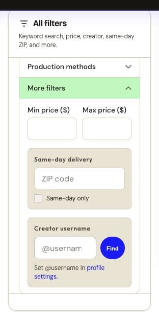 Actual Goodiee More filters panel with minimum and maximum price, same-day ZIP, and creator username fields.